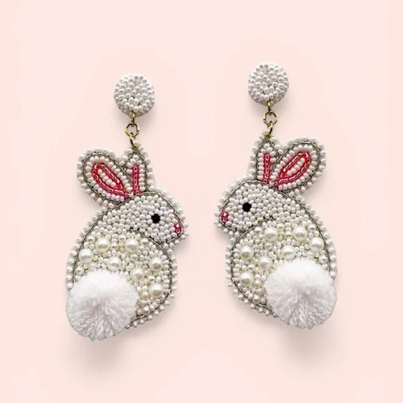 Lily Posh Beaded Bunny Rabbit Earrings Pearl Pom Pom Easter Spring- NWT - Picture 1 of 5